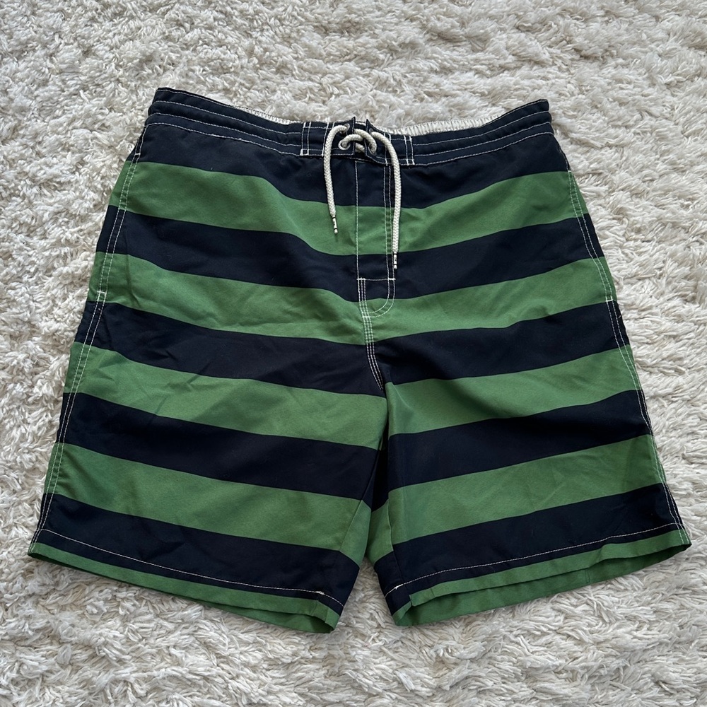Mens Green & Navy Striped Board Shorts by Denver Hayes, XL